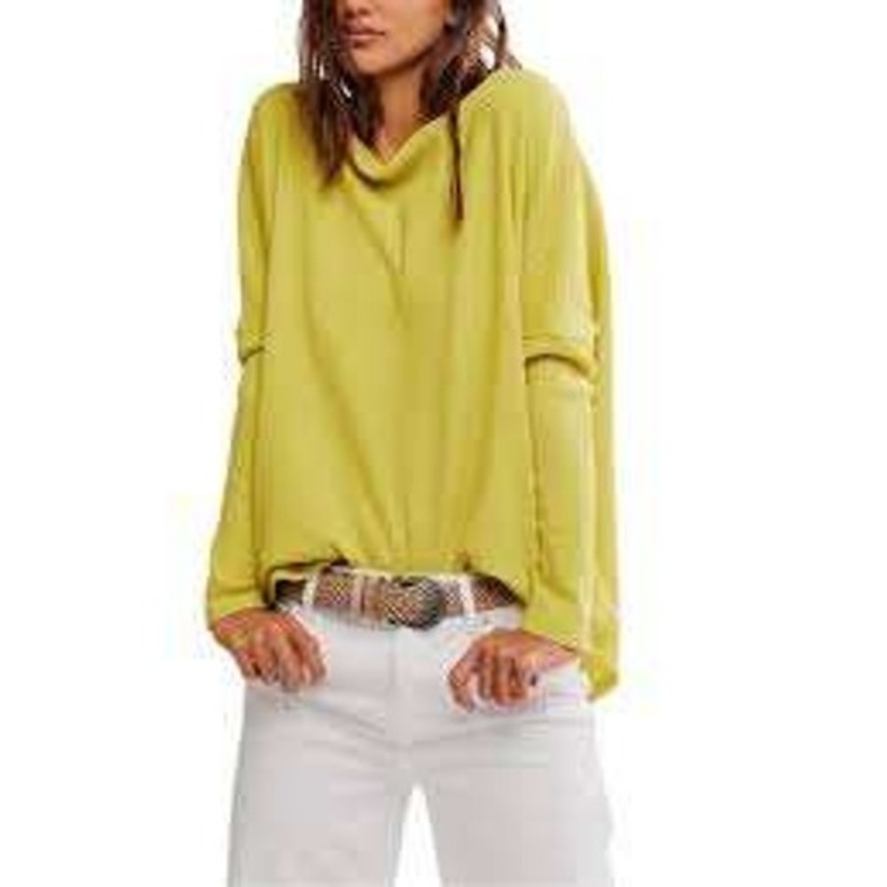 Free People We The Free Latte Blues Waffle Thermal Top Oversized Slouchy Boho
